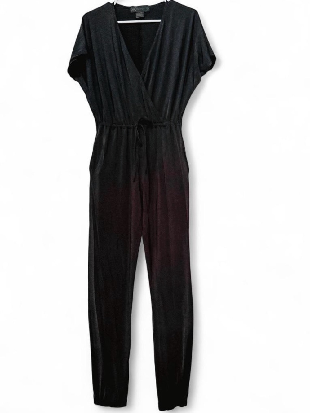 Women's Black V-Neck Drawstring Jumpsuit Kardashian Kollection Jumpsuit